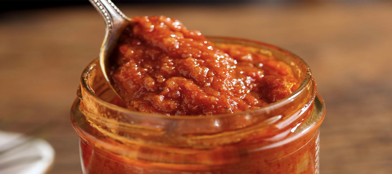 Löffel voll mit Tomatensauce