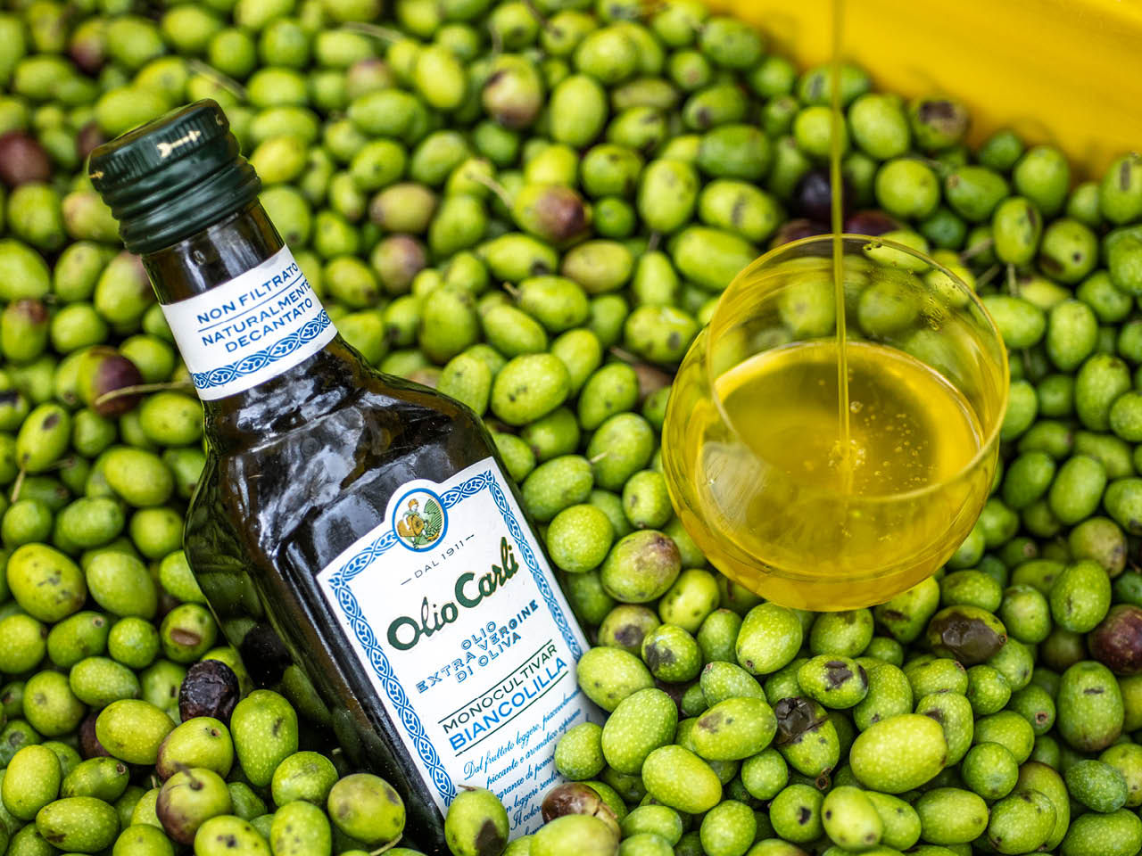 Flasche olivenoel monokultivar Biancolilla in einer Kiste voller Oliven
