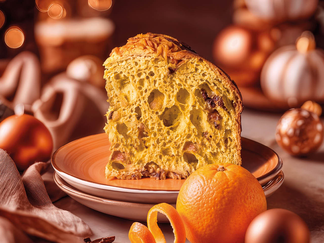 Panettone mit Orange und Schokolade auf einen teller
