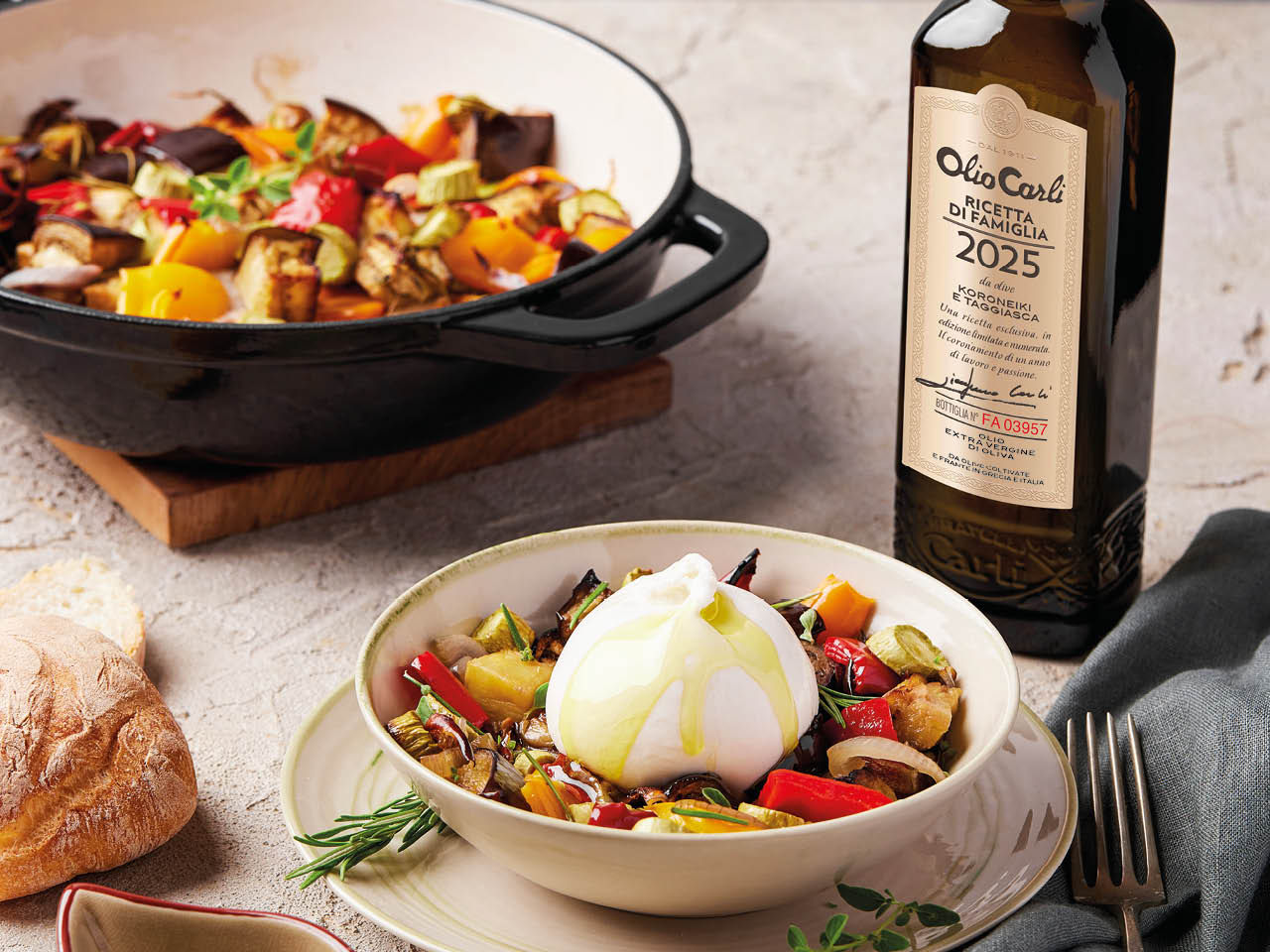 Huile d'Olive Ricetta di Famiglia sur une ratatouille et mozzarella