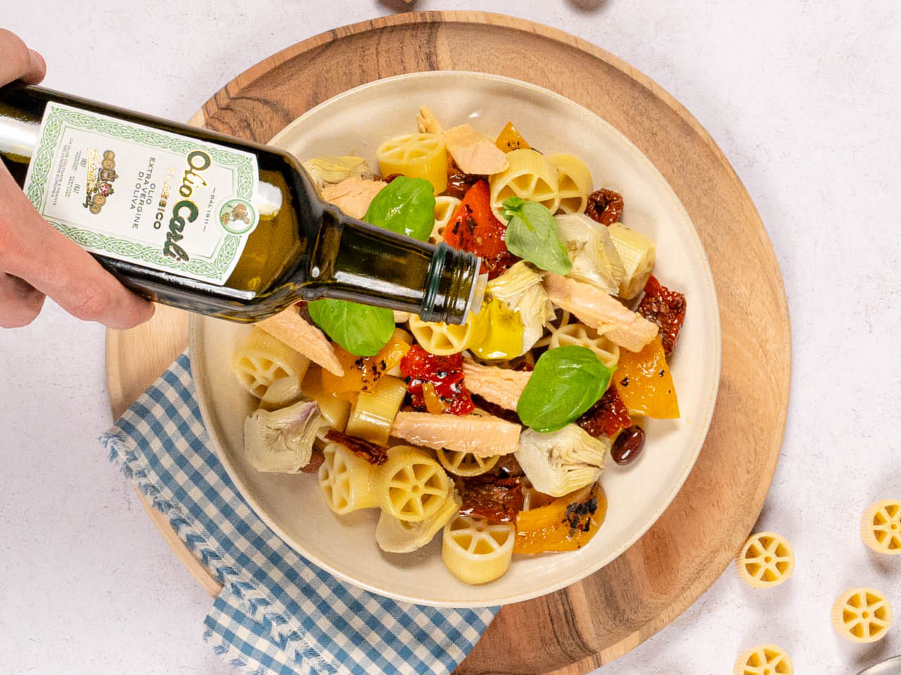 Pâtes Ruote avec legumes et huile d'olive vierge extra 